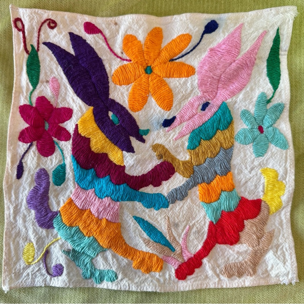 Otomi Hand Embroidered Rabbit Deer Mexico Folk Art Textile Vintage  7”x6”